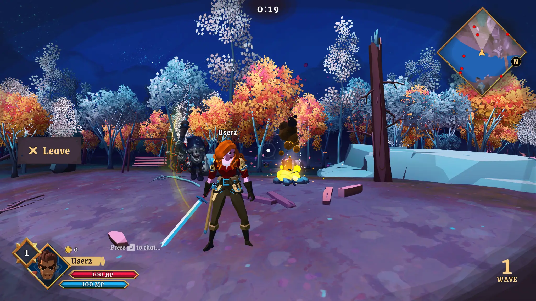 Eternal Siege gameplay - Character in a colorful forest at night fighting zombies
